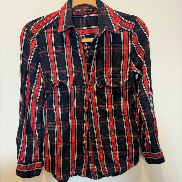 Zara red and blue plaid button down blouse size xs - Picture 1 of 3